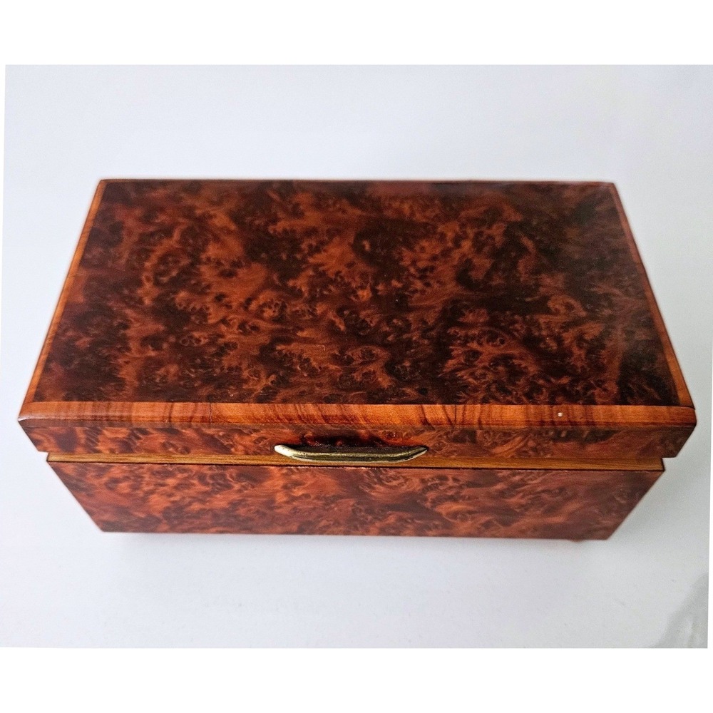 Burl Wood Music Box Swiss Cuendet Movement Italian Style Jewelry Chest Vintage